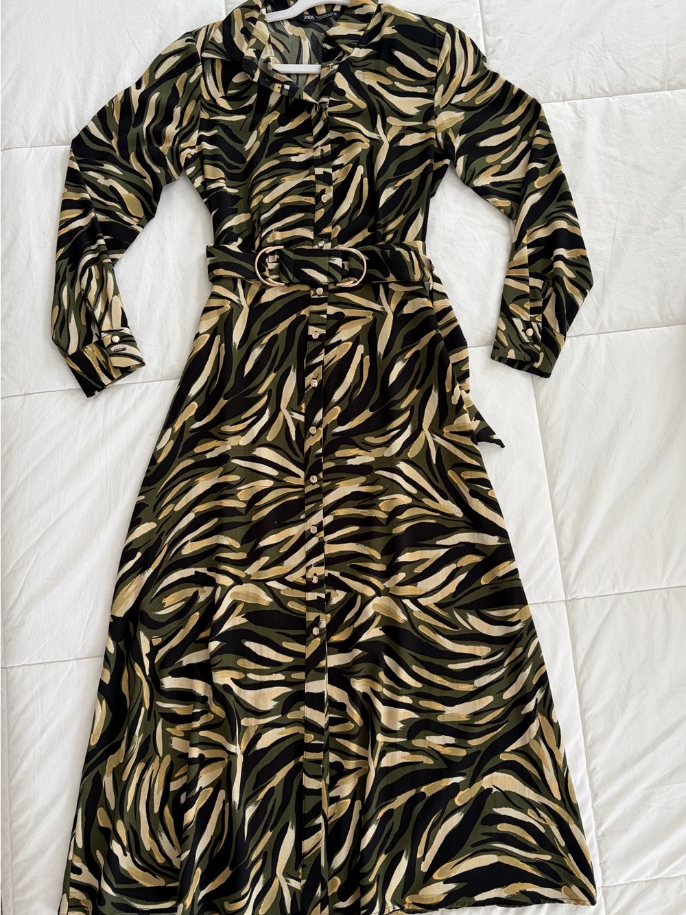 ZARA Olive and Black Zebra-Print Maxi Shirt Dress
